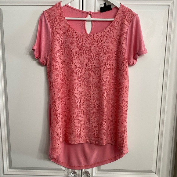 Warehouse Tops - Warehouse Size 10 (UK14) Pink Short Sleeve Scoop Neck Lace Front Knit Back Lined